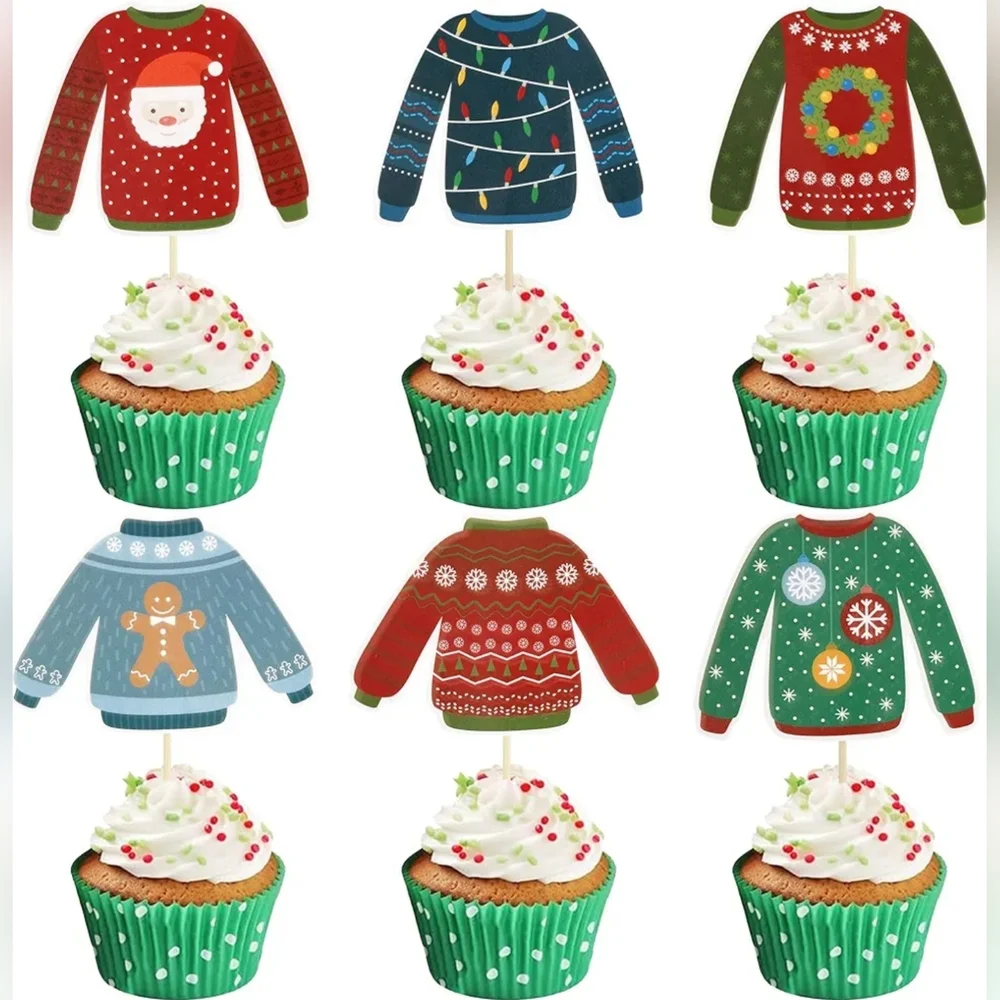 36 Pcs Christmas Cupcake Toppers, 6 Ugly Sweater Designs, Holiday Party Decor